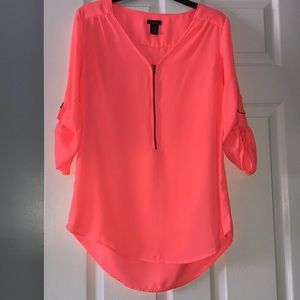 Mid chest zip up blouse, 3/4 length sleeves, coral color